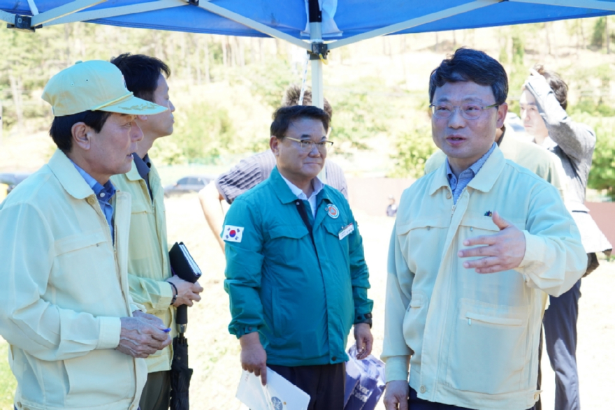 사진3.박은식 산림청장(오른쪽)과 성낙인 창녕군수(왼쪽)가 7일 창녕군 수종전환 방제사업지를 점검하고 있다.jpg
